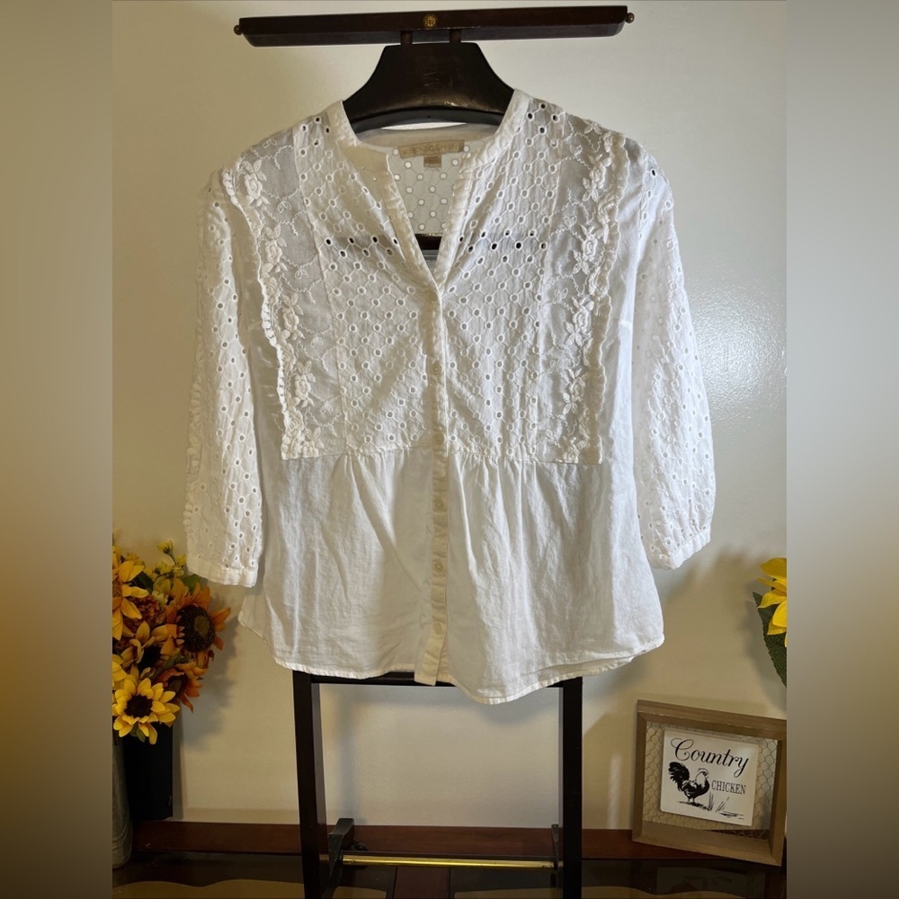Boston proper women’s size S White 3/4 sleeve button-down tunic White blouse
